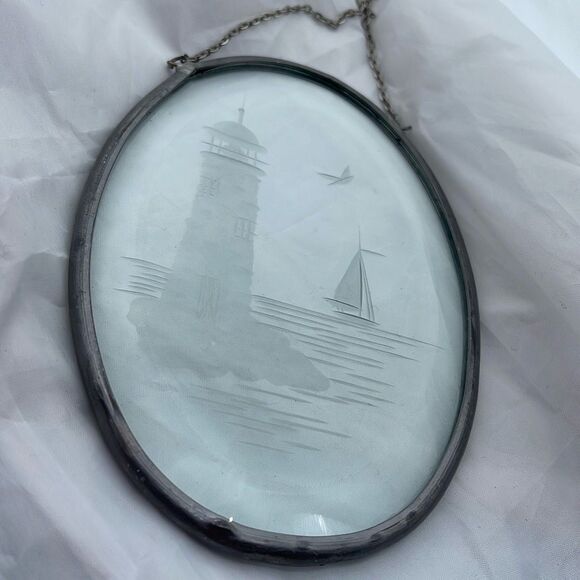 Lighthouse sailboat etched glass leaded window hanging. Artisan handmade . - Picture 1 of 6